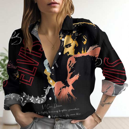 Elvis Presley Linen Shirt, King Of Rock Linen Blouse, Rock Music Shirt, Blouses Tops Women, Elvis King Shirt, Elvis Presley Gift