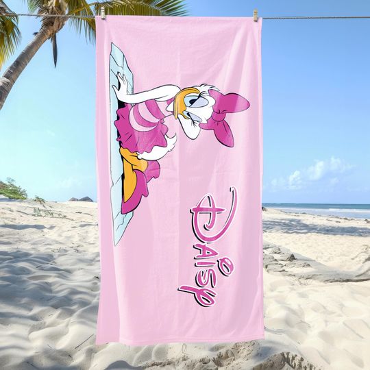Personalized Cute Beach Towel, Pink Daisy Duck Inspired Custom Name Towel
