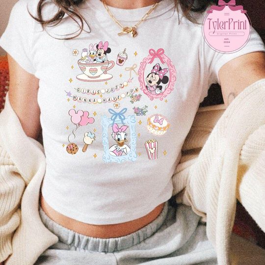 Coquette Bow Minnie And Daisy Baby Tee Crop Top, Disney Coquette Girls Trip Shirt, Disney Besties Cropped Tee, Girls Just Wanna Have Fun