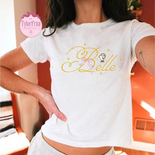 Retro Coquette Bow Disney Princess Baby Tee, Belle Crop Top, Beauty And The Beast Shirt, Belle Shirt, Princess Birthday Girl Shirt, Chip Tee