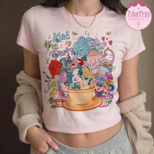 Mad Tea Party Disney Alice in Wonderland Baby Tee Crop Top, Princess Alice Cheshire Cat White Rabbit Mad Hatter Disney Girl Trip Aesthetic
