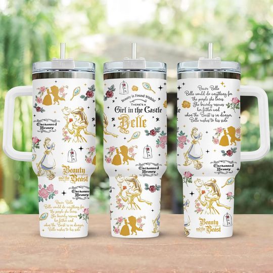 Disney Princess Belle Tumbler 40 Oz, Beauty And The Beast Tumbler, Belle Disney World Coffee Cup, Disneyland Insulated Cup, Disney Gift