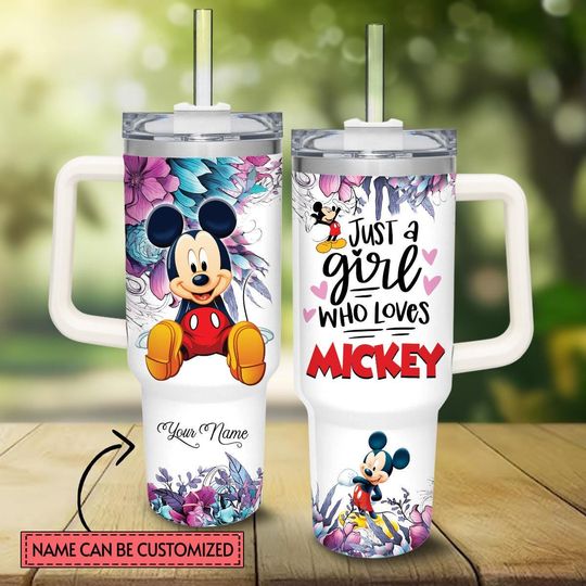 Custom Name Just A Girl Who Loves Mickey Tumbler 40Oz, Disney Mickey Mouse Flower Coffee Tumbler, Disneyland Tumbler, Disney World Cup