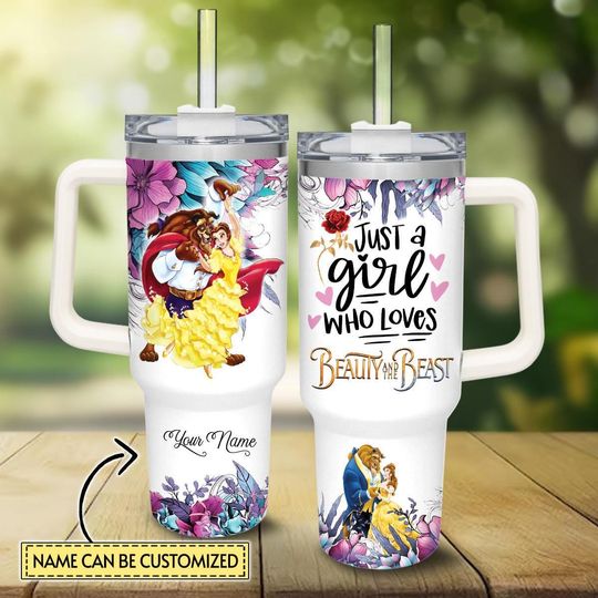 Custom Just A Girl Who Loves Beauty And The Beast Tumbler 40Oz, Disney Couple Flower Coffee Tumbler, Disneyland Tumbler, Disney World