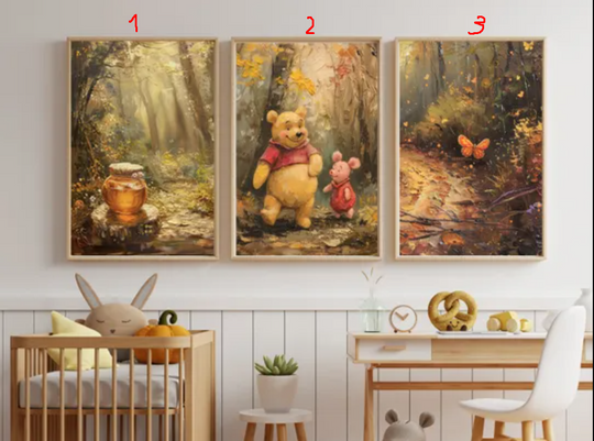 Winnie The POOH Oil Painting  , Vintage Nursery Art, Autumn Landscape, Spring,  , Literary Baby Room