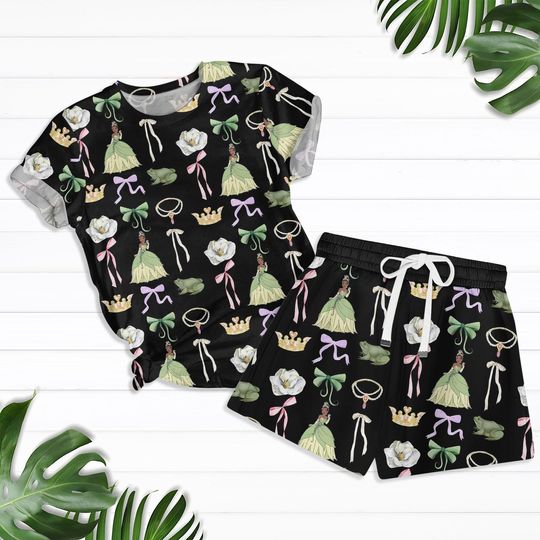 Tiana Frog Princess Summer Set, Green Dress T-Shirt and Shorts, Disney Princess Outfit Gift, Princess Tiana Shirt, Summer Gift For Mom