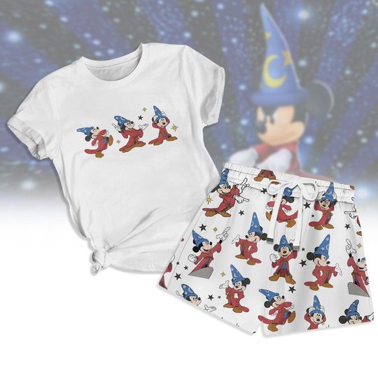 Sorcerer Mickey Fantasia Tshirt, Magic Wizard Shorts, Disney Matching Pajama Outfit, Cute Cartoon Loungewear, Gift For Mom