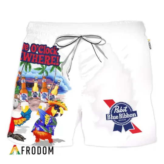 Pabst Blue Ribbon Funny Parrot Hawaiian Shorts, Beach Shorts