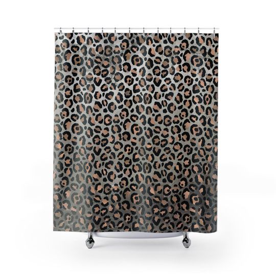 Boho Shower Curtain | Beige Grey, Black Leopard, Jaguar Animal Skin Print | Jungle Coastal, Modern Retro Bath Curtain