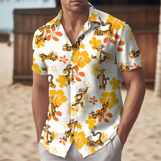 Tigger Aloha Floral Button Shirt, Winnie the Pooh Shirt And Shorts, Disneyland Men Shirt, Tigger Outfit, Magic Kingdom Shirt For Him