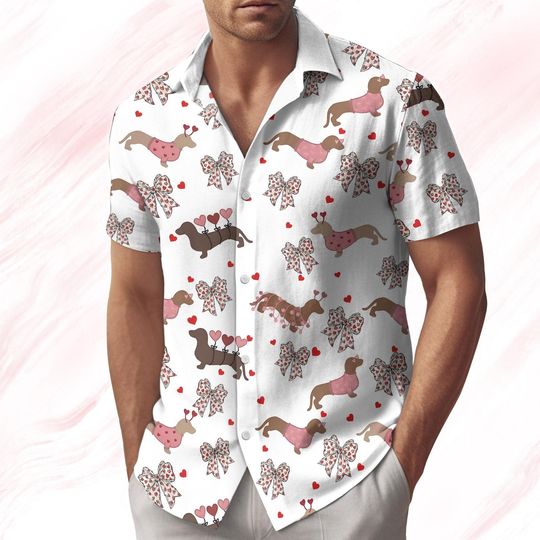 Dachshund Coquette Bow Button Shirt, Dachshund Valentine Shirt For Men, Pink Bow Dog Button Up Shirt, Valentine Gift, Pet Love Shirt