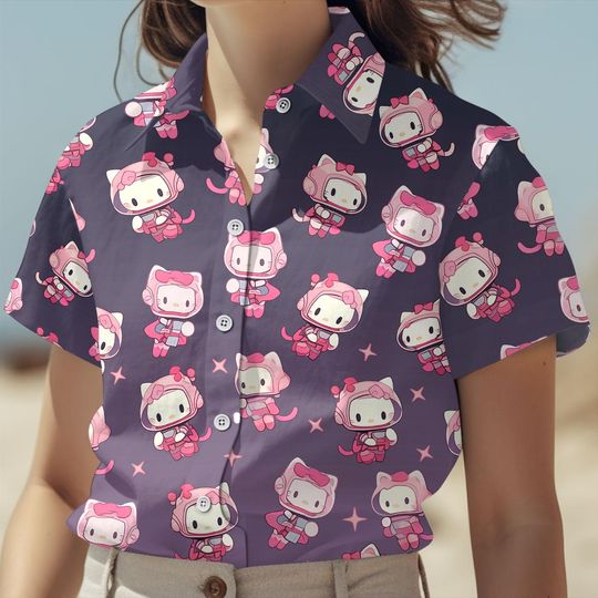 Hello Kitty In Space Button Shirt, Pink Kitty Shirt For Her, Kawaii Kitty Button Up Shirt Women, Pinky Girl Shirt, Kuromi Shirt