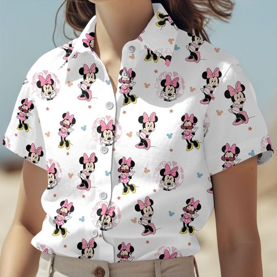 Disney Minnie Button Shirt, Magic Kingdom Shirt Women, Minnie Mouse Shirt And Shorts, Mickey And Friends Button Up Shirt, Disney Shirt