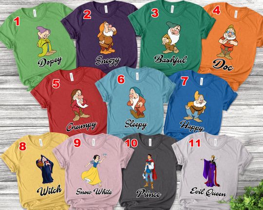 Seven Dwarfs Shirts Snow White and Seven Dwarfs Family Grumpy Happy Bashful Doc Sneezy Sleepy Dopey Snow White Evil Queen 7Dwarfs
