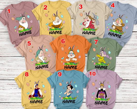 Seven Dwarfs EASTER Shirts Snow White and Seven Dwarfs Family Shirts Happy Bashful Doc Sneezy Sleepy Dopey Snow White Evil Queen
