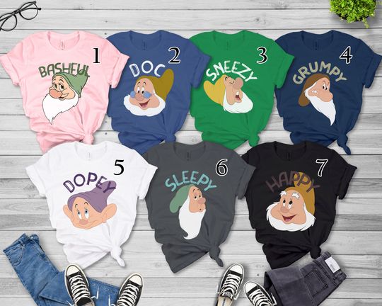 Disney Grumpy Doc Happy Sneezy Sleepy Bashful Dopey Face T-Shirt, Snow White And The Seven Dwarfs, Disneyland Family Matching Shirt