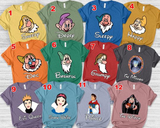 Snow White and Seven Dwarfs Costumes Halloween Shirt, Snow White Seven Dwarfs Family Costume Shirt,7 Dwarfs Halloween Tee, Evil Queen