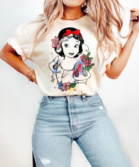 Disney Snow White Princess Sketch Retro Shirt, Snow White & the Seven Dwarfs Floral Tee, Magic Kingdom Family Holiday
