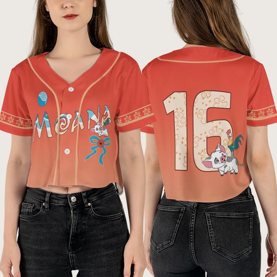 Moana Princess Pua Hei Hei Crop Top Baseball Jersey, Disney Moana 2 Movie Coquette Bow Cropped Shirt, Disneyland Gift For Girl Baseball Fans