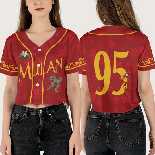 Princess Mulan And Mushu Dragon Crop Top Baseball Jersey, Disney Princess Coquette Bow Matching Cropped Shirt, Gifts For Girls Baseball Fans