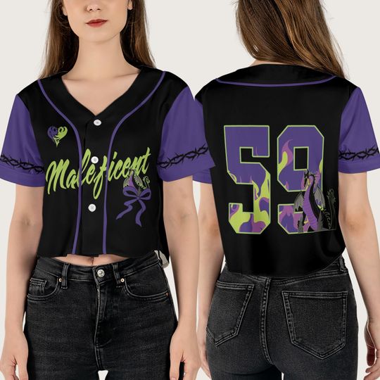 Villains Maleficent Crop Top Baseball Jersey, Disney Sleeping Beauty Coquette Bow Cropped Shirt, Disneyland Gifts For Girls Baseball Fans