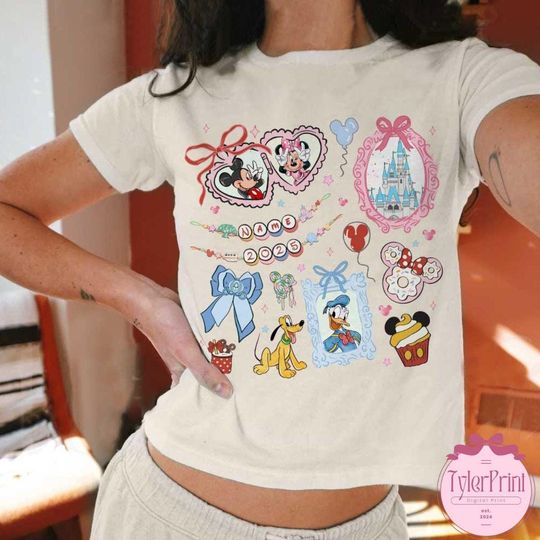Coquette Bow Mickey & friends Baby Tee Crop Top, WDW Disneyland Girls Trip Shirt, Disney girly aesthetic Shirt, Gift For Her