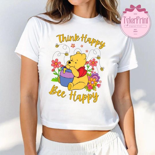 Think Happy Bee Happy Disney Winnie The Pooh Baby Tee Crop Top, Pooh Bear Disney Girl Trip Shirt, Pooh Birthday Girl, Pooh Girly aesthetic