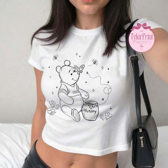 Winnie The Pooh Sketch Disney Baby Tee Crop Top, Pooh Bear And Friends, Piglet Tigger Eeyore Disney Girl Trip Shirt, Pooh Birthday Girl/Boy