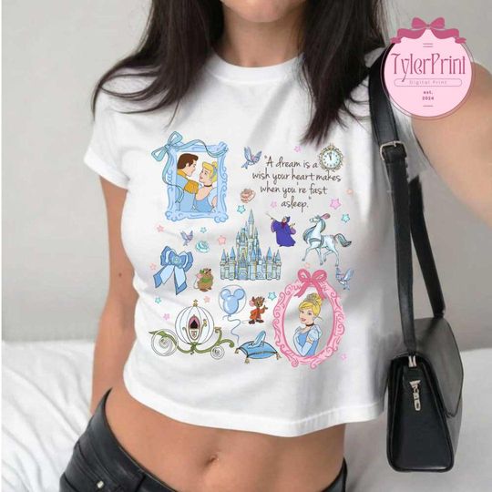 Coquette Bow Disney Princess Cinde Baby Tee Crop Top, Meet Me At Midnight, Disney Girl Trip Shirt, Jaq Gus Gus Girly Aesthetic Birthday