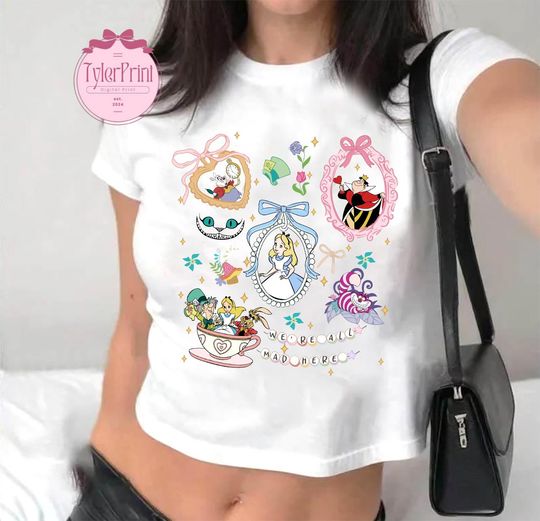 Coquette Bows Retro We're All Mad Here Baby Tee Croptop, Alice in Wonderland Shirt, Disneyworld Tee, Disney Princess Tee, Princess Alice Tee