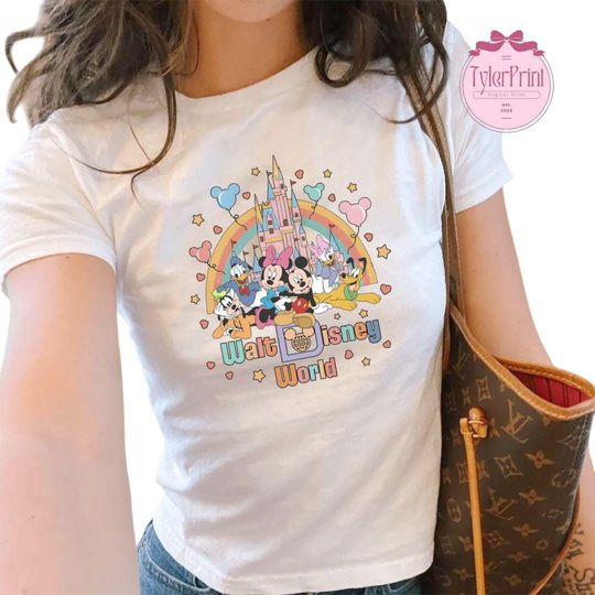 Vintage Disney Baby Tee, Retro Mickey And Friends, Disney Y2K Aesthetics Cropped Tee, Disney Castle Shirt, Disney Rainbow Shirt
