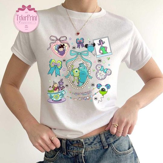 Discover Coquette bow Monster Inc. Disney Baby Tee, Sully Mike Boo Monster University shirt, WDW Disneyland Girls Trip Croptop Birthday Girl