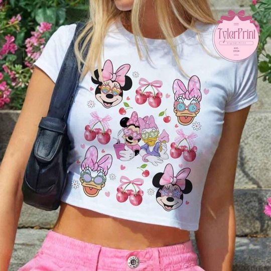 Minnie And Daisy, Coquette Bow Mickey Cherry Baby Tee, WDW Disneyland Girls Trip Shirt, Disney Y2K Aesthetic Shirt, Gift For Her