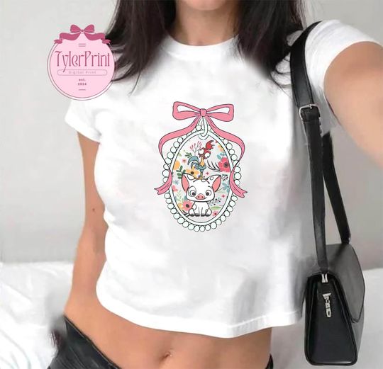 Coquette bow Hei Hei and Pua Baby Tee, Moana Princess T-Shirt, Women Disney, Disney Girls Trip Tee, Disney Moana shirts