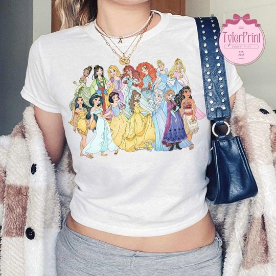 Watercolor Disney Princess Baby Tee, Cinde Rapunzel Moana Belle Elsa Disney Girl Trip Shirt, Princess Birthday Girl Croptop