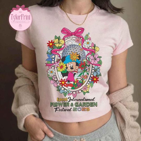 Retro Coquette Bow Mickey and Friends Epcot Flower and Garden Baby Tee, Disney Epcot Floral Tee, Disney Girls Trip shirt, Women Tee