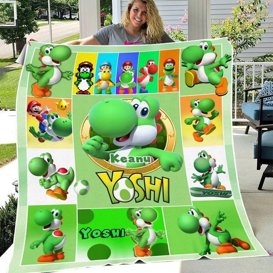 Personalized Super Mario Blanket, Yoshi Mario Blanket, Custom Name Blanket, Gift For Birthday