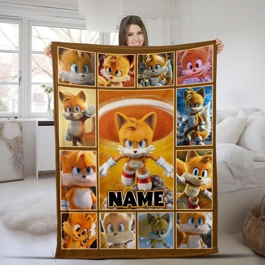 Personalized Tails Hedgehog Blanket, Custom Name Tails Sonic Blanket, Sonic The Hedgehog Blanket, Birthday Gifts