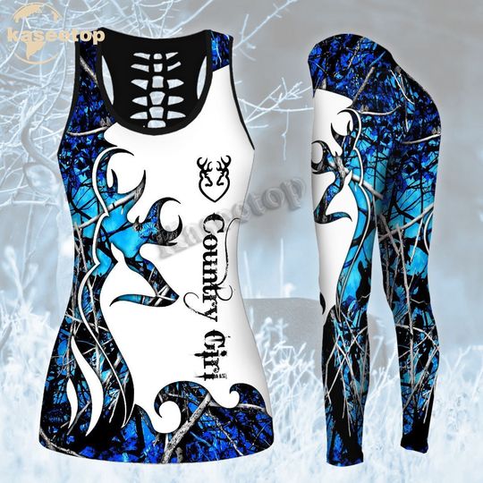 Country Girl Deer Hunting Hollow Tank Top Legging Set | Yoga Set | Women's Day gift