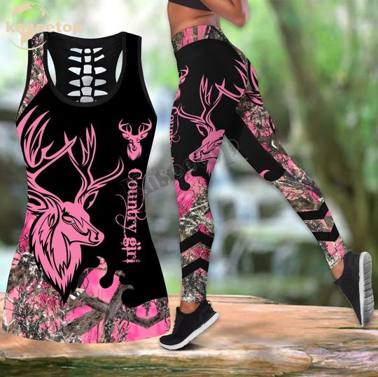 Country Girl Pink Hollow Tank Top Legging Set | Yoga Set | Women's Day gift