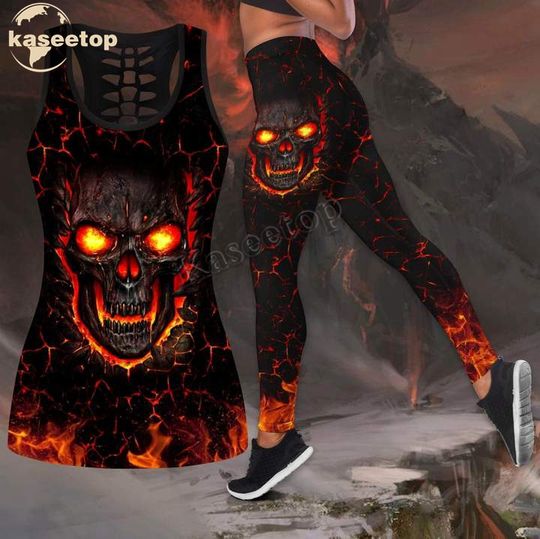 Kaseetop Fire Skull Lava Hollow Tank Top Legging Set | Yoga Set | Women's Day gift