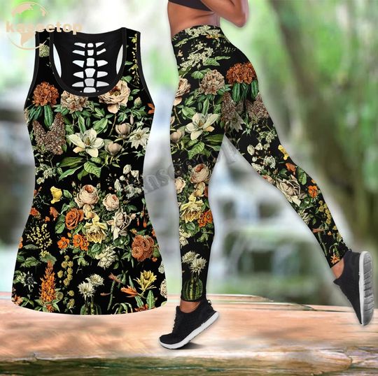 Floral Garden Hollow Tank Top Legging Set | Yoga Set | Women's Day gift