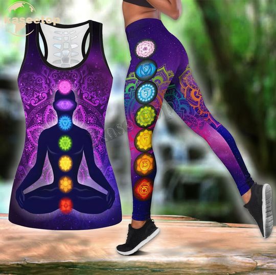 Kaseetop 3D Yoga Chakra Galaxy Hollow Tank Top Legging Set | Yoga Set | Women's Day gift