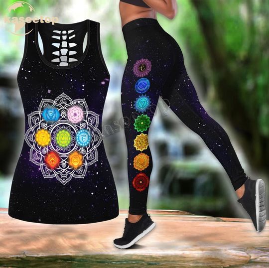 Kaseetop Twilight Chakra Galaxy Hollow Tank Top Legging Set | Yoga Set | Women's Day gift