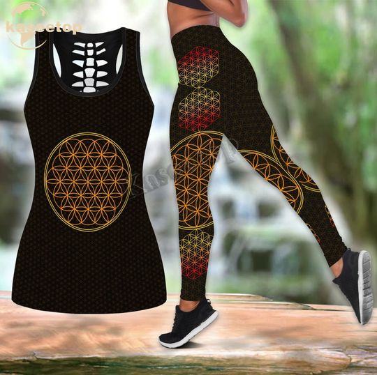 Kaseetop Newest Flower Of Life Hollow Tank Top Legging Set | Yoga Set | Women's Day gift