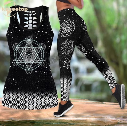 Sacred Geometric Chakra Sacred Geometry Hollow Tank Top Legging Set | Yoga Set | Women's Day gift