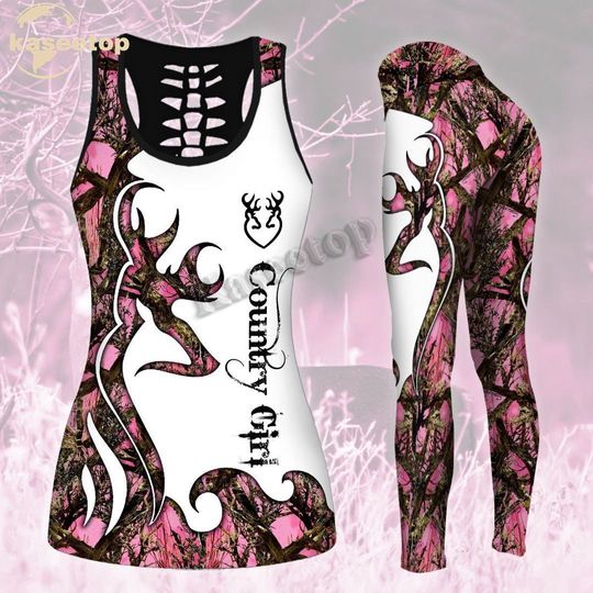 Country Girl Deer Hunting Hollow Tank Top Legging Set | Yoga Set | Women's Day gift