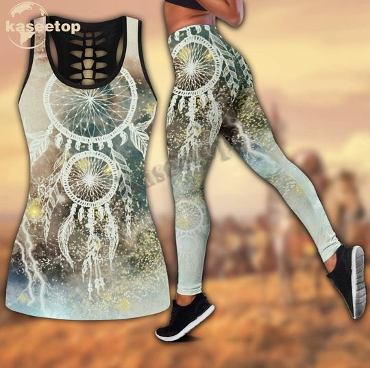 Kaseetop Native America Hollow Tank Top Legging Set | Yoga Set | Women's Day gift