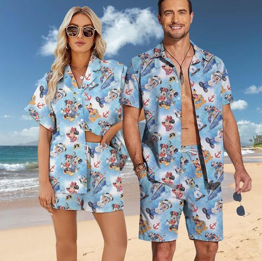 Disney Cruise Watercolor Hawaiian Shirt, Mickey and Friends Hawaiian Shirt, Disney Summer Shirt, Cruise Trip Shirt, Matching Cruise Shirts