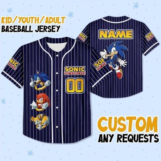 Personalized Sonic the Hedgehog Baseball Jersey,  Custom Name & Number  Kids, Youth, Adult Sizes, Retro Gamer Jersey,  Sonic Birthday Gif